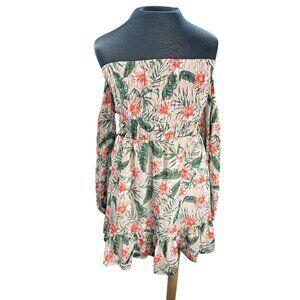 Floral Off-Shoulder Smocked Mini Dress With Long Sleeves By Express Tropical Pri